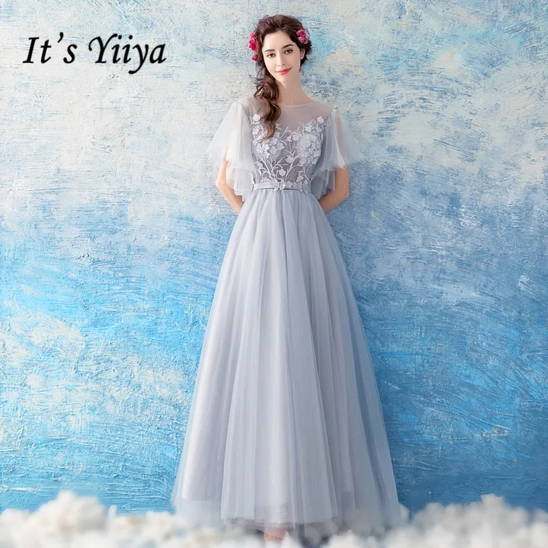 

It's YiiYa Evening Dress Embroidery Flowers Gray Party Gown Pearls Lace Illusion O-neck Zipper Long Wedding Formal Dresses E194