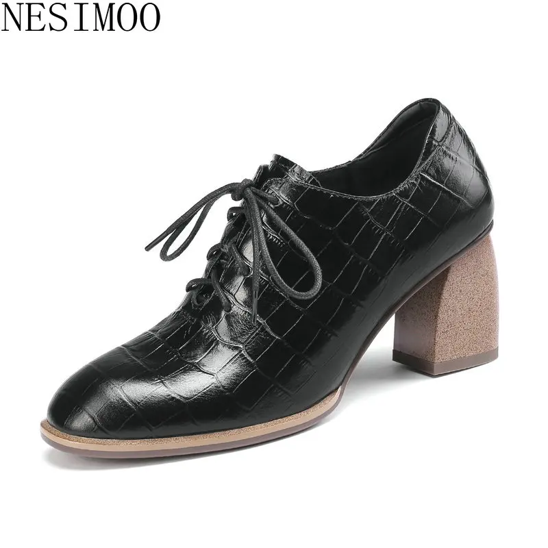 

NESIMOO 2019 Fashion Women Pumps Lace Up Genuine Leather Round Toe All Match Fashion Solid Casual Basic Ladies Shoes Size 34-42