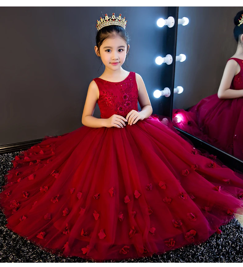 

Glizt Red Lace Flower Girl Dresses Sleevesless Bead Applique first Communion Dresses For Girls Pageant Wedding Dresses Princess