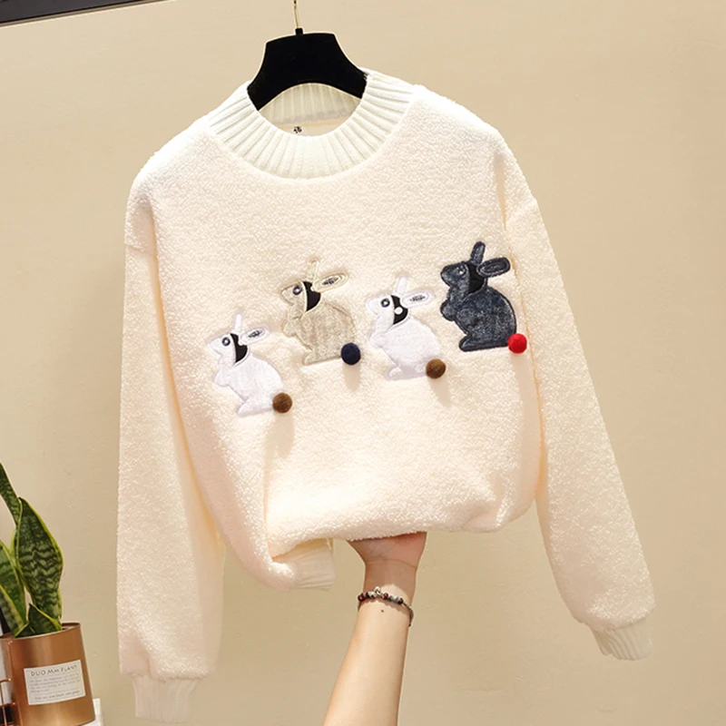New Rabbit Pattern Keep Warm Sweatshirt Soft Plush Fashion Women Loose Tops O-neck Pullovers Wild Slim Bottom Sweatshirt NO667 New Rabbit Pattern Keep Warm Sweatshirt Soft Plush Fashion Women Loose Tops O-neck Pullovers Wild Slim Bottom Sweatshirt NO667