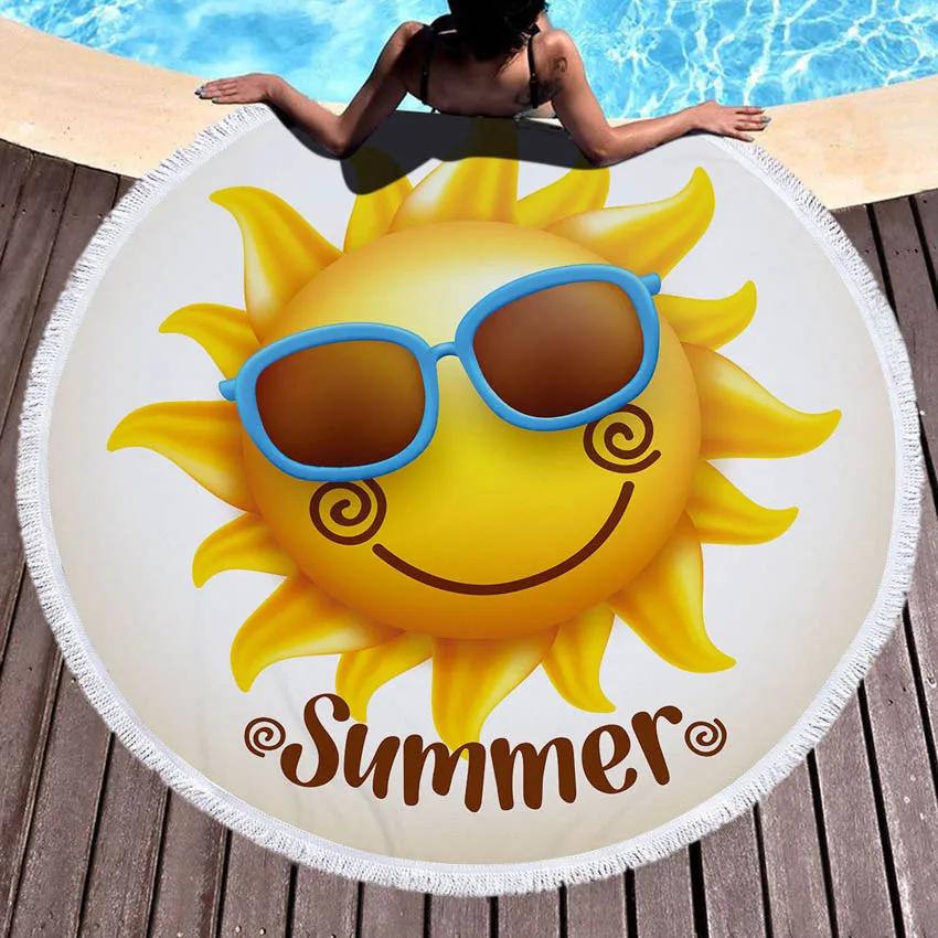 

Cartoon Smile Sun 150cm Summer Round Beach Towel Microfiber For Adults Kids Bath Shower Towels Mat Bikini Cover Up With Tassels