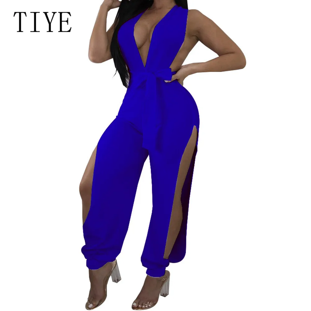 

TIYE Rompers Women Summer Split-length Jumpsuits on Both Sides Sexy Deep V-neck Hollow Out Playsuits with Belt Femme Body Mujer