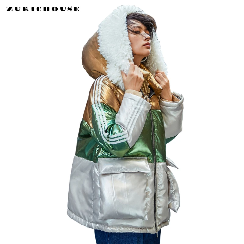 

Fashion Lamb Wool Fur Collar Hooded Coats Woman Winter 2019 High Street Style Hit Color Cotton Padded Parkas Women Puffer Jacket
