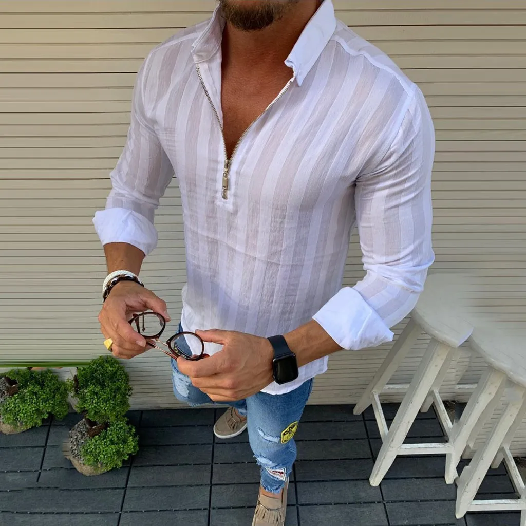 camisa masculina Summer men's Shirt casual striped stand collar Long sleeve Zipper shirt Top hawaiian shirt chemise Yellow Black