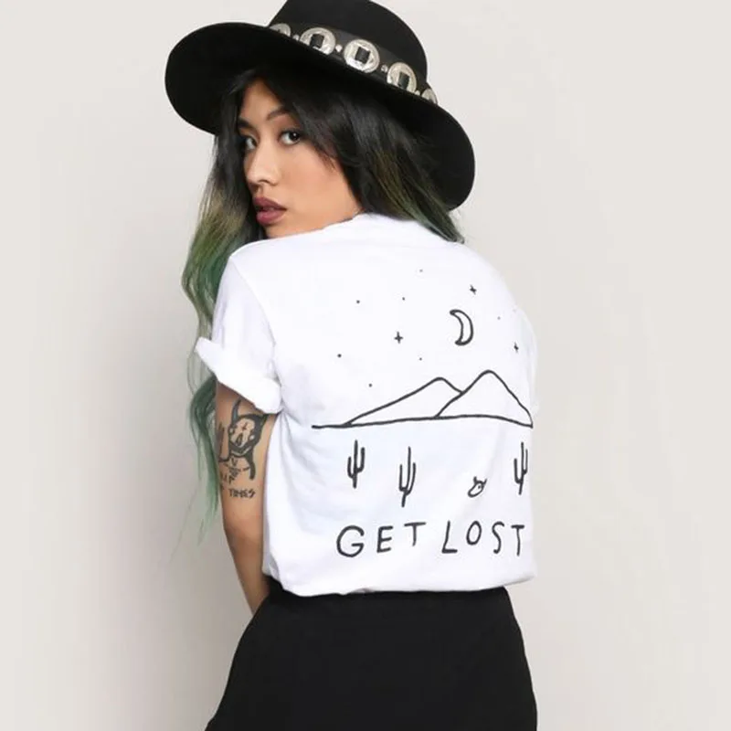 

New Summer 90 girl style casual tshirt Get lost Fashion Desert Cactus Print clothing grunge aesthetic pastel tops goth art shirt