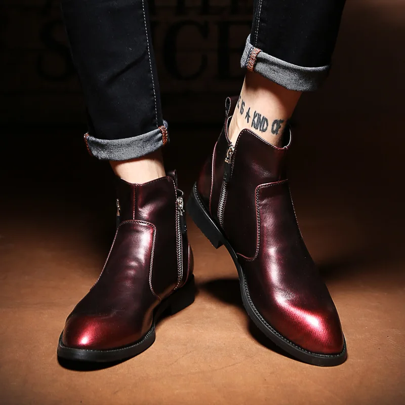 

Retro Ankle Casual Men Chelsea Boots Zip Solid Platform Vintage Motorcycle Boots Low Pointed Toe Microfiber British Style Shoes
