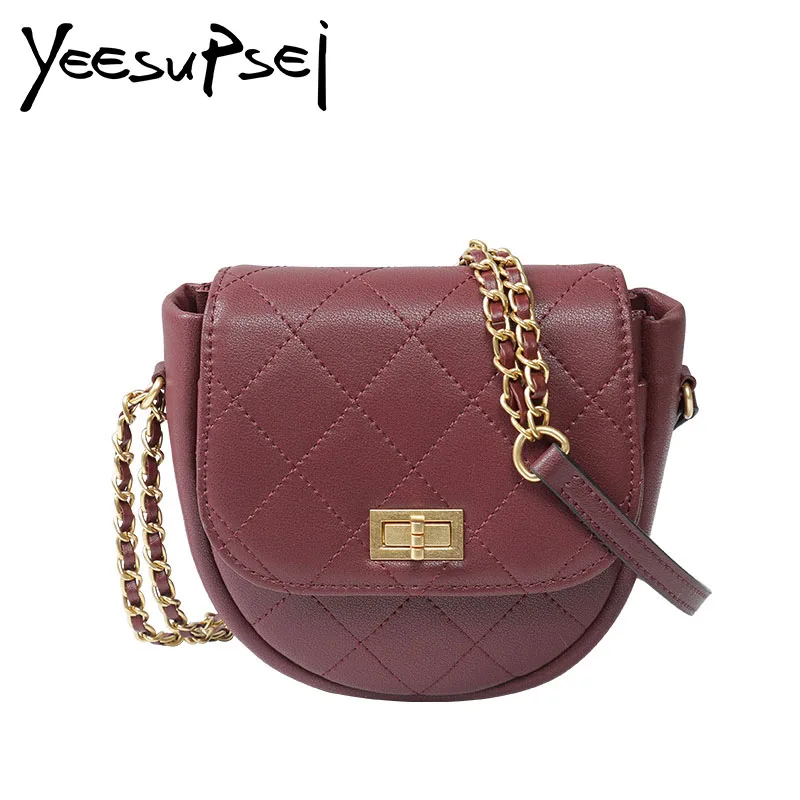 

YeeSupSei Semicircle Bag Mini Small Clutches Chain Shoulder Strap Bag Cross Stitch Leather Women Handbag Ring Lock Purse Handbag