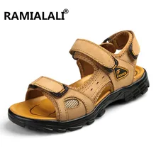 Ramialali/мужские сандалии из натуральной кожи; Мужская Летняя обувь из воловьей кожи; пляжные шлепанцы; повседневные кожаные сандалии-гладиаторы; большие размеры 46
