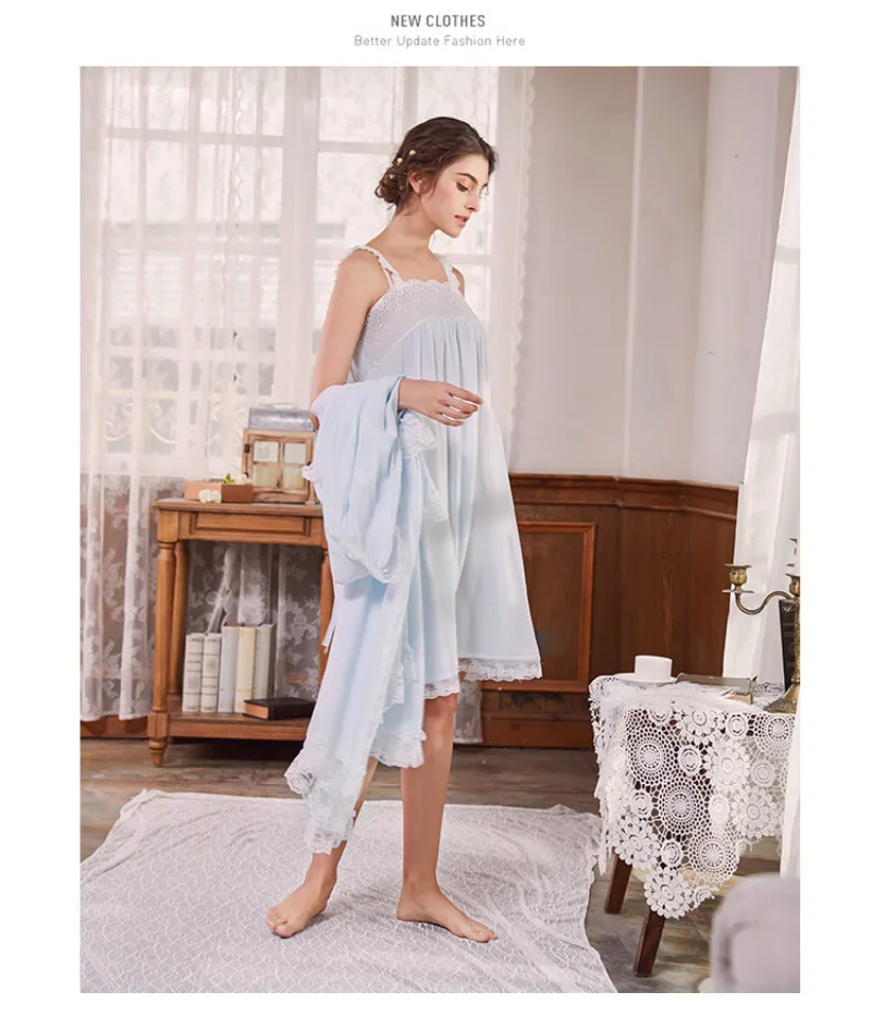 Благородное хлопковое платье для сна, Элегантная ночная рубашка, винтажное длинное платье с длинным рукавом, белое Ночное платье, домашняя одежда для женщин - Color: Blue