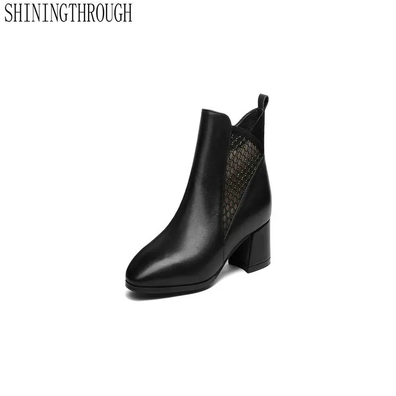 

Genuine Leather Women Ankle Boots Square High Heel Round Toe Women Shoes All Match Women Motorcycle Boots Big Size 34-43