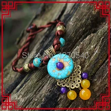 Новые женские этнические браслет Таиланд желтый и фиолетовый халцедон Винтаж браслет, мода китайский ювелирные камни браслет
