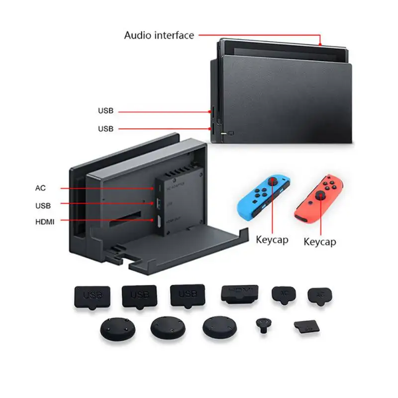 TNS-862 Rubber Dust Plug Set& Tempered Glass Screen Film For Nintendo Switch LN