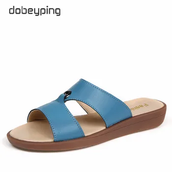 

2017 Casual Women's Sandals Real Cow Leather Flats Shoes Women Slip-On Summer Female Slides Leisure Beach Flip Flops Size 35-41