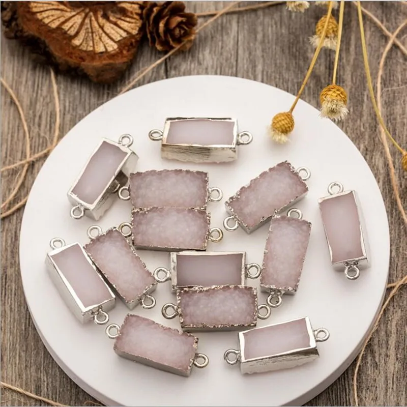 

2pcs 10*20mm Rectangle Geode Druzy Quartz Pendant Connectors Natural Stone Agate onyx DIY Making for Necklace Bracelet Z682