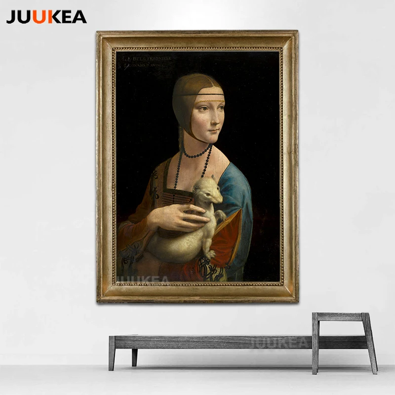 

Leonardo Da Vinci - Lady with an Ermine Canvas Print Painting Poster, Classic Artwork Wall Pictures For Living Room Home Decor