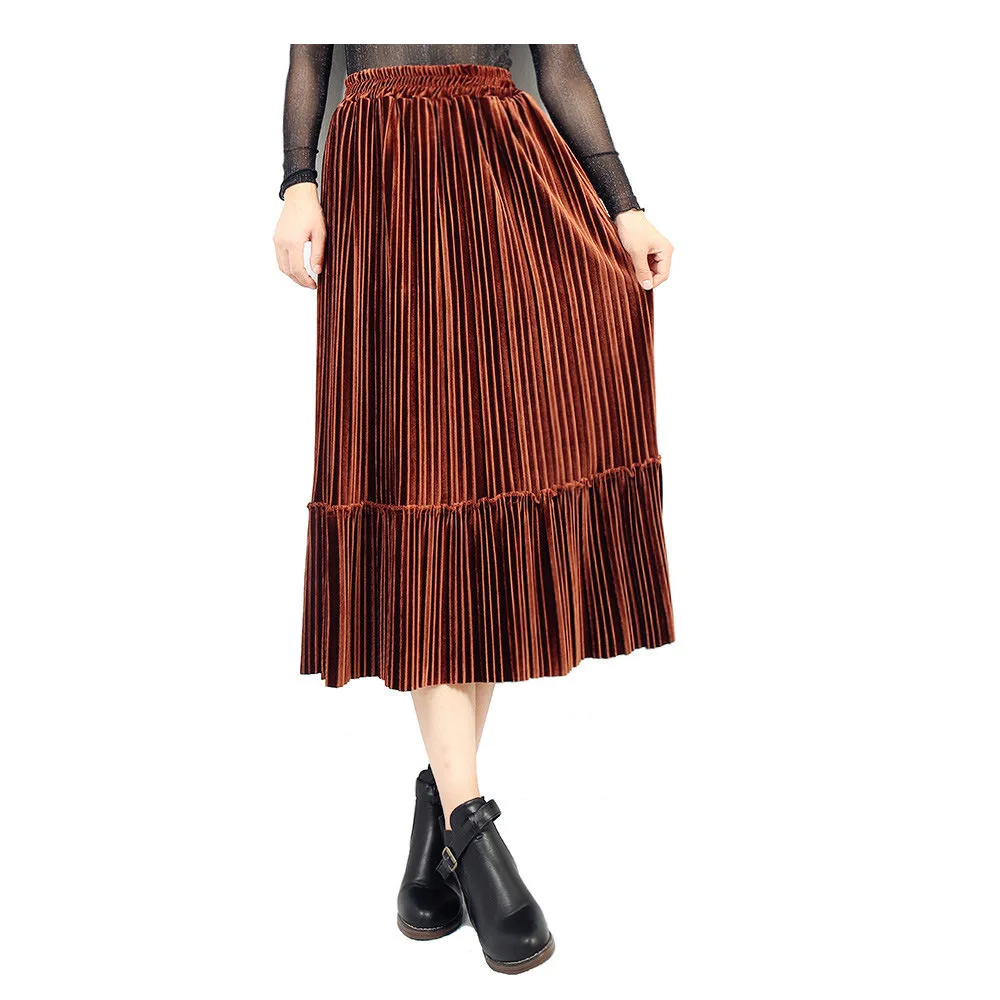 Осень-зима Для женщин s эластичный Mid-Высокая талия Pleuche тонкий модная юбка Для женщин пикантные большой плиссированные юбка средней длины одежда