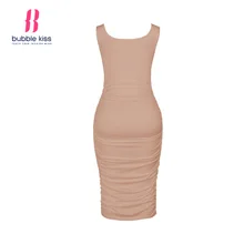 Sleevess Dress Women Summer Solid Color Sheath Slim Ladies Party O Neck Casual Ruched Bodycon Pencil Dress Bubblekiss