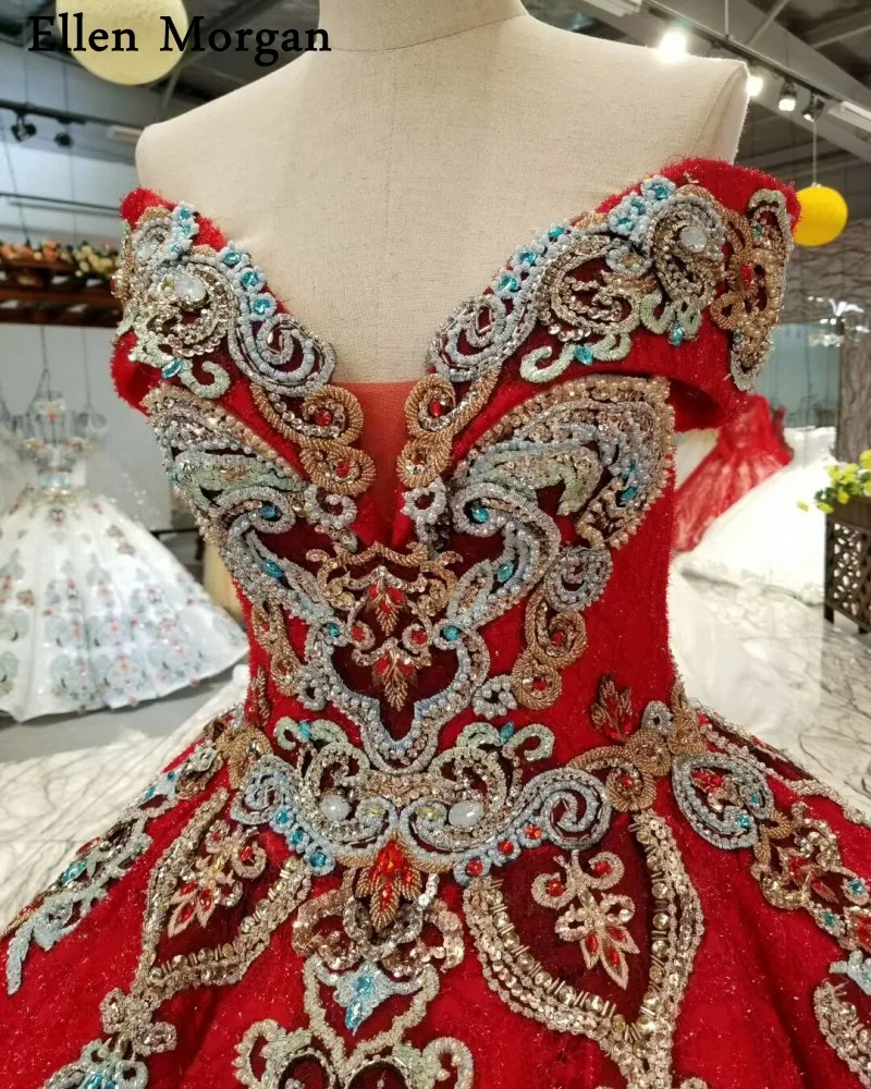 Элегантное Красное Кружевное бальное платье, свадебные платья,, Vestido De Noiva, с открытыми плечами, корсет, расшитый бисером узор, принцесса, сексуальные свадебные платья