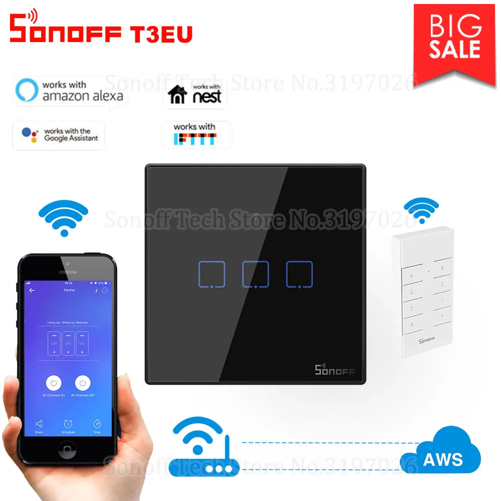 

Itead Sonoff T3EU 1/2/3 gang Wifi Smart Touch Switch TX Series 433Mhz RF Control With RM433 Works With Alexa Google Home IFTTT