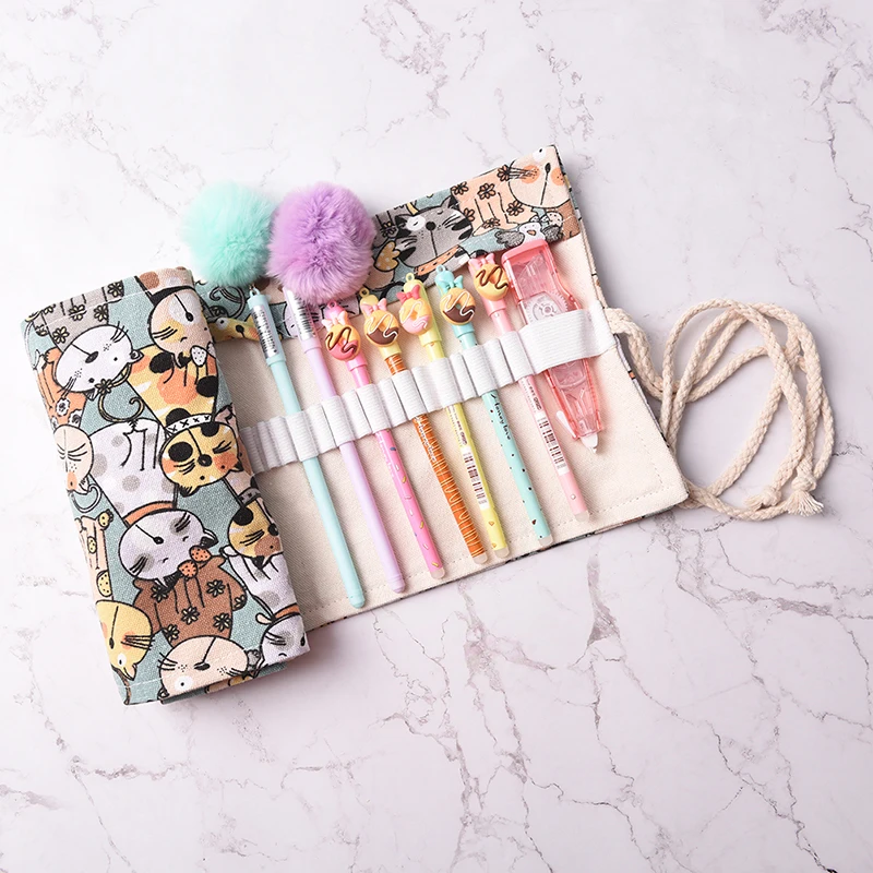 

36/48/72 Vintage Cartoon Cats School Pencil Case Escolar Estuche Box Stationery Canvas Pen Roll Up Bag Curtain Pencils Cases