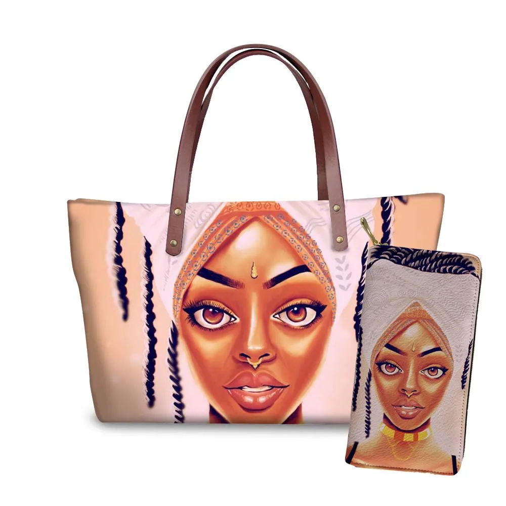 

NOISYDESIGNS 2pcs/set Black Afro Girls Printing Handbags&Purse Women Travel Totes Ladies Top-Handle Bags for Female Shoulder Bag