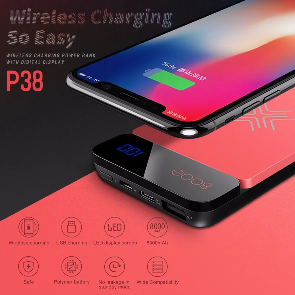 

ROCK 2 in 1 Wireless Power Bank 8000mah Portable External Battery Mobile Phone Charger Type C