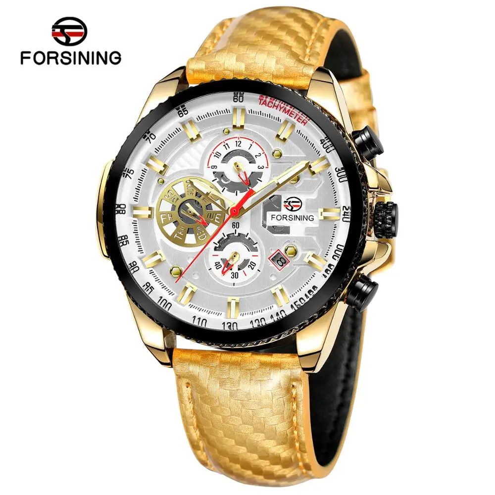 Forsining Three Dial Calendar Display Black Men Automatic Leather strap Wrist Watch Top Brand Luxury Military Sport Male Clock