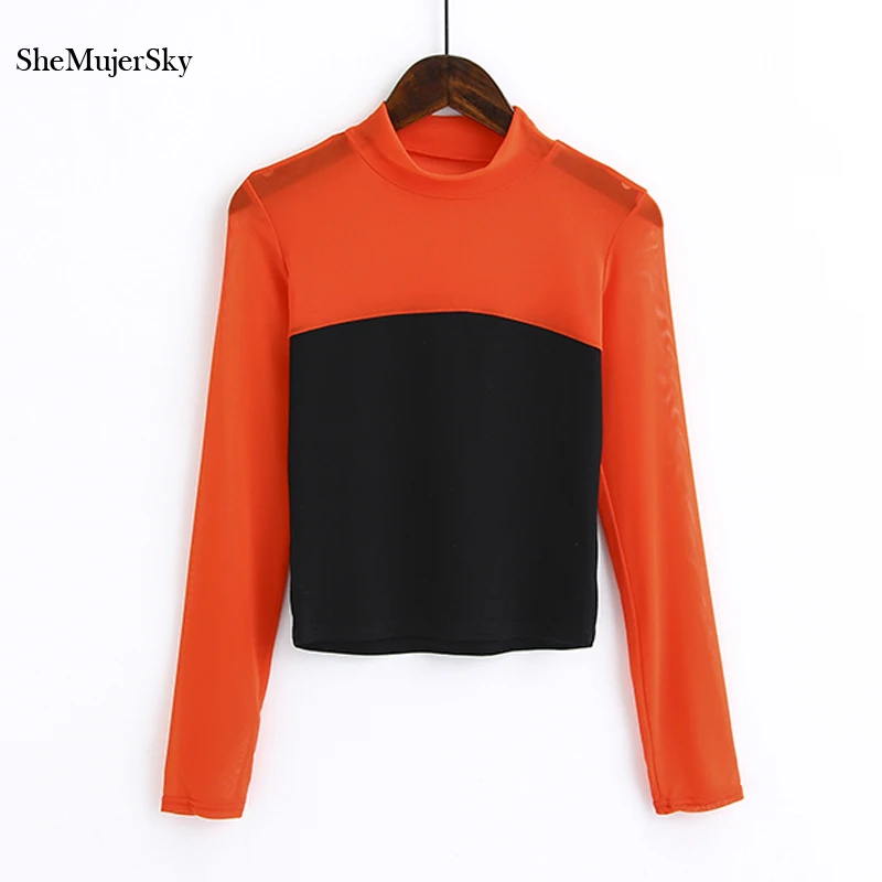 SheMujerSky Women Blusa Transparente Spliced Black Blouse Long Sleeve O Neck Red Tops Camisa Feminina Manga