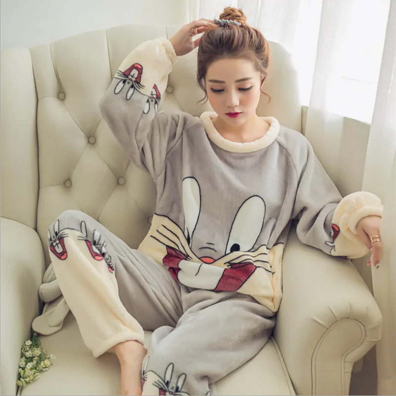 

Pajamas women's winter set long-sleeved coral velvet cute cartoon ladies home clothing autumn and winter thick warm flannel suit
