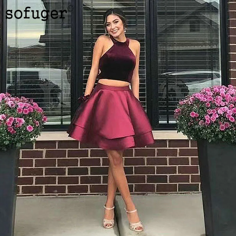 

Elegant halter Short Homecoming Dress 2019 Tiered Off Shoulder Satin Prom Dress For Girls Burgundy Party Gown Plus Size