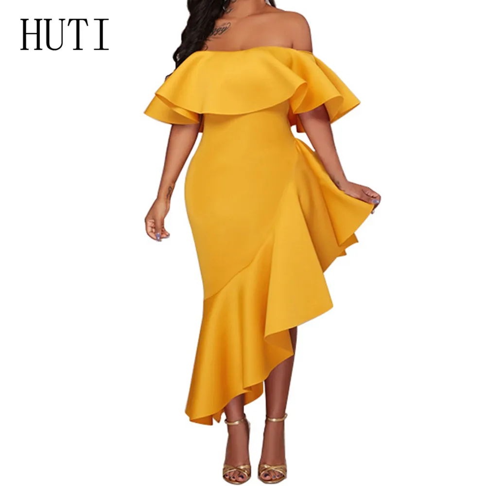 

HUTI Plus Size XXL Women Sexy Off Shoulder Slash Neck Ruffles Backless Dresses Female Summer Bodycon Party Dress Vestidos