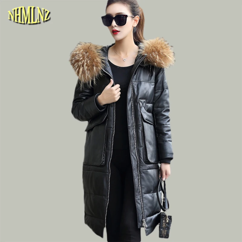 

Winter Women Jacket High quality True Fox fur collars Fur coat Big size Genuine Leather Elegant Warm Genuine leather coat WK261