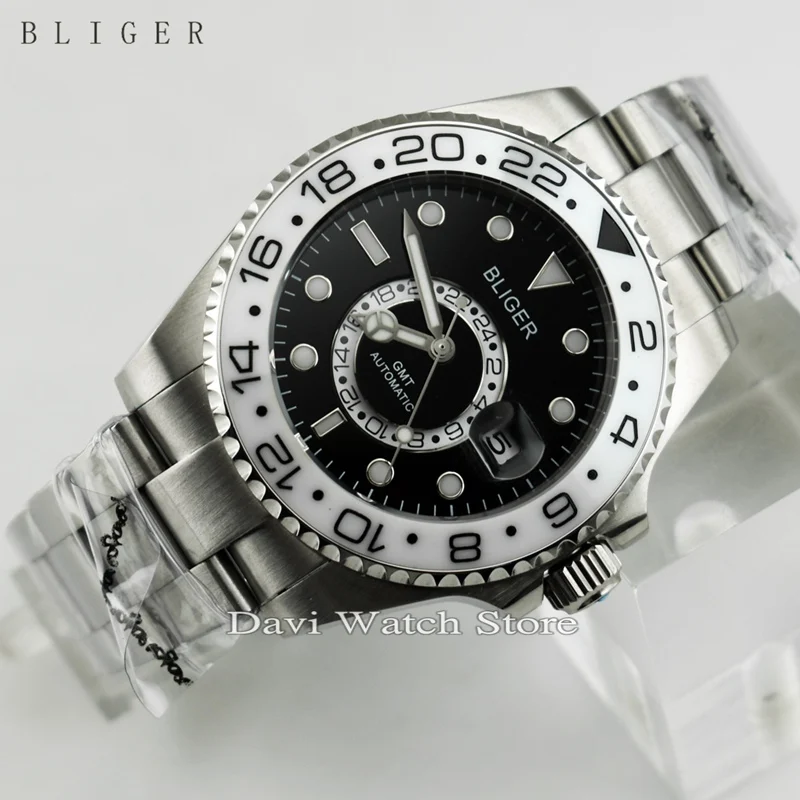 

43mm Bliger 2017 NEW Black Dial White Ceramic Bezel Automatic Date Stainless Steel Men's Watch