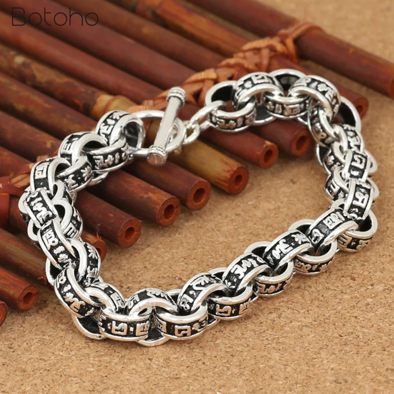 

Thai Silver Men Bracelets 925 Sterling Silver Six word's Mantra Bracelets for Men Width10mm Punk Vintage Bangle Fashion Jewelry