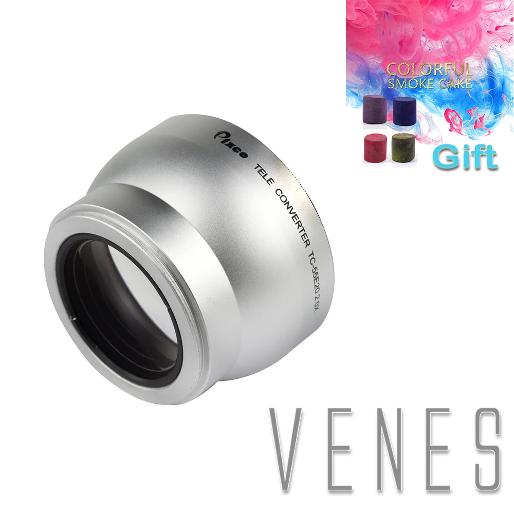 

Pixco 55mm 2.0X Magnification Telephoto Tele Converter Lens For Camera Silver , with 4 Color Photography Props Smoke Cake-Gift