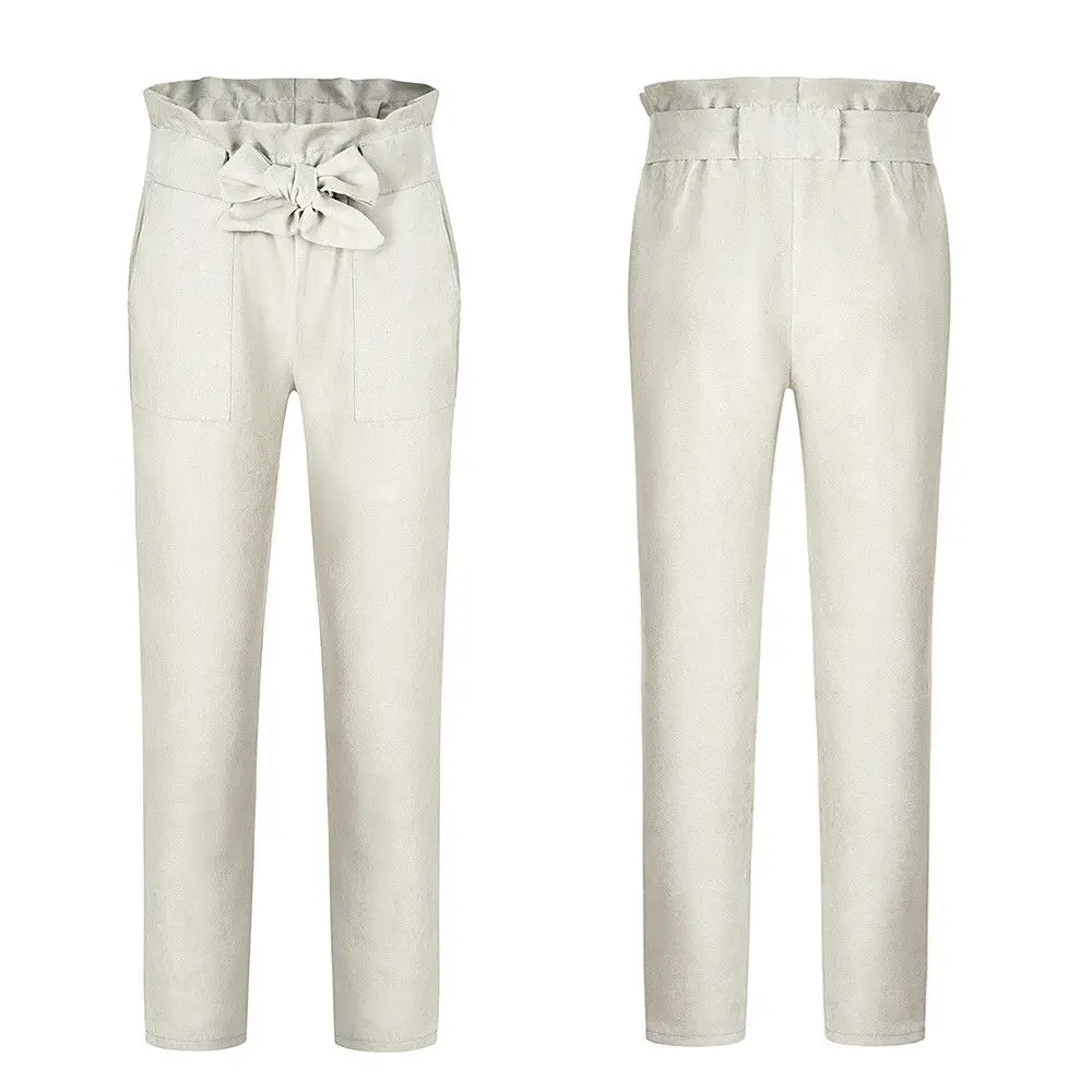 Модные женские эластичные длинные брюки с высокой талией и завязками; повседневные брюки-карандаш - Цвет: Белый
