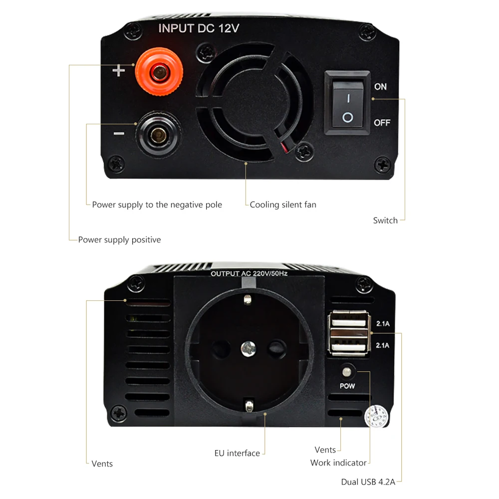 AOSHIKE двойной USB 4.2A автомобильный инвертор 12v 220v 300W авто Инвертор напряжения 12V до