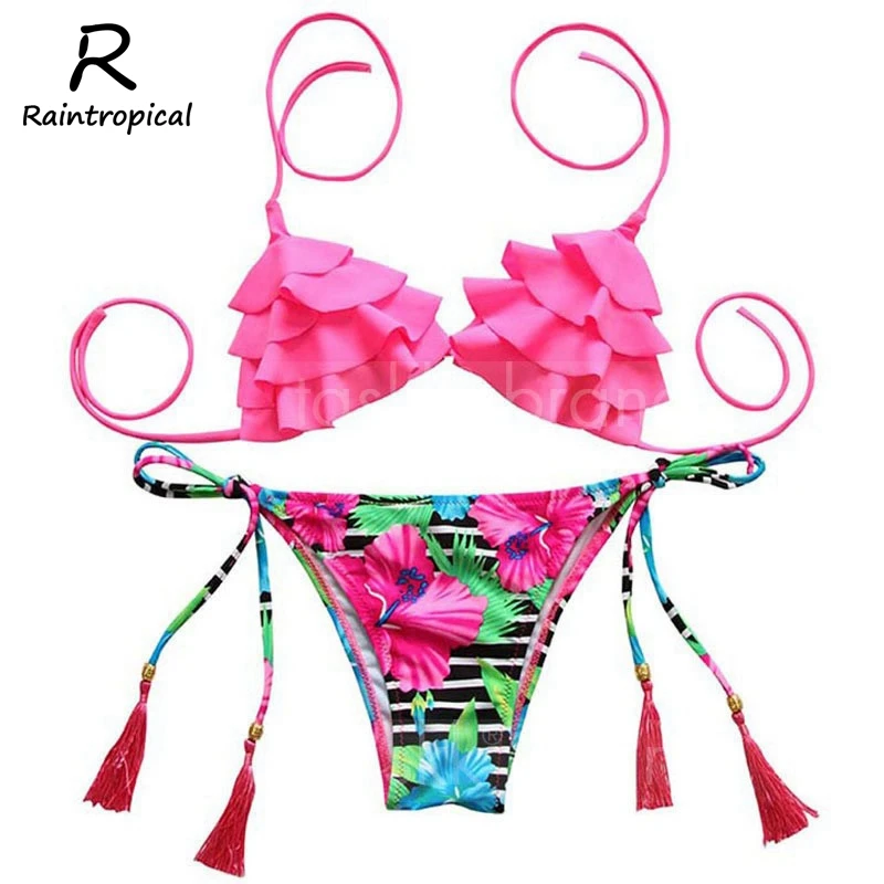 Raintropical 2019 New Sexy Bikinis Women Swimsuit High Waisted Bathi ng Suits Swim Halter Top Push Up Bikini Set Plus Size