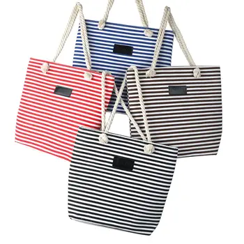 

New Fashion Canvas Bag With Special Big Stripe And Rough Twine Shoulder Handbags Shopping Bag Beach Handbag