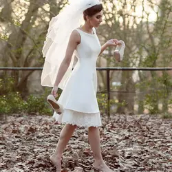 2016 новое поступление совок рукавов спинки простой пользовательский колен свадебные платья vestido де noiva короткие свадебные платья
