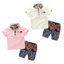Жаркое лето Модная одежда для детей, Детская мода комплект одежды для мальчиков младенческой дети короткий рукав топ + шорты с цветочным
