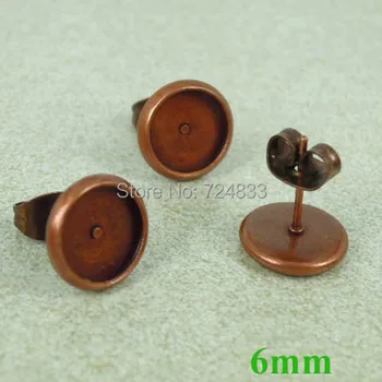 

6mm Antique Copper tone Blank Earrings Bases Round Bezel Stud Pin Earrings Post w/ Stopper Earring Settings Findings Wholesale