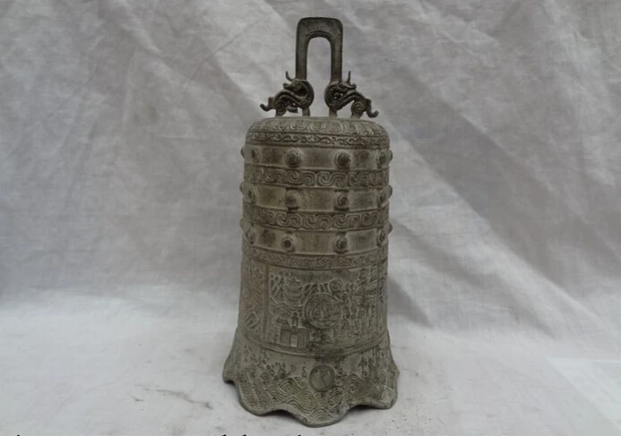 

S4648 9" Chinese Bronze Auspicious Myth Dragon Head Man Statue Buddhism Temple Bell D0318