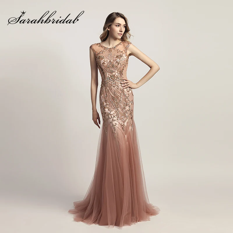 2018 Fashion Long Mermaid Celebrity Dresses With Shining Beading Dusty Rose Tulle Important Party Dress Red