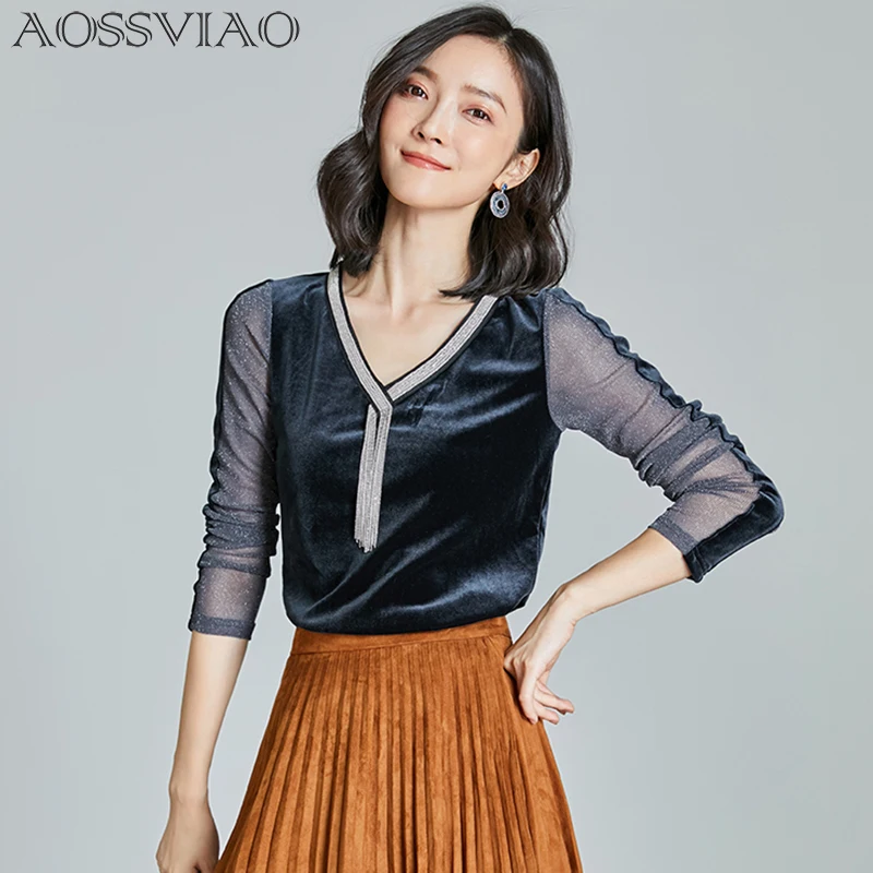 

AOSSVIAO 2019 Spring fashion office lady women blouse long sleeve V-neck tops patchwork blouses women's clothing shirts tops