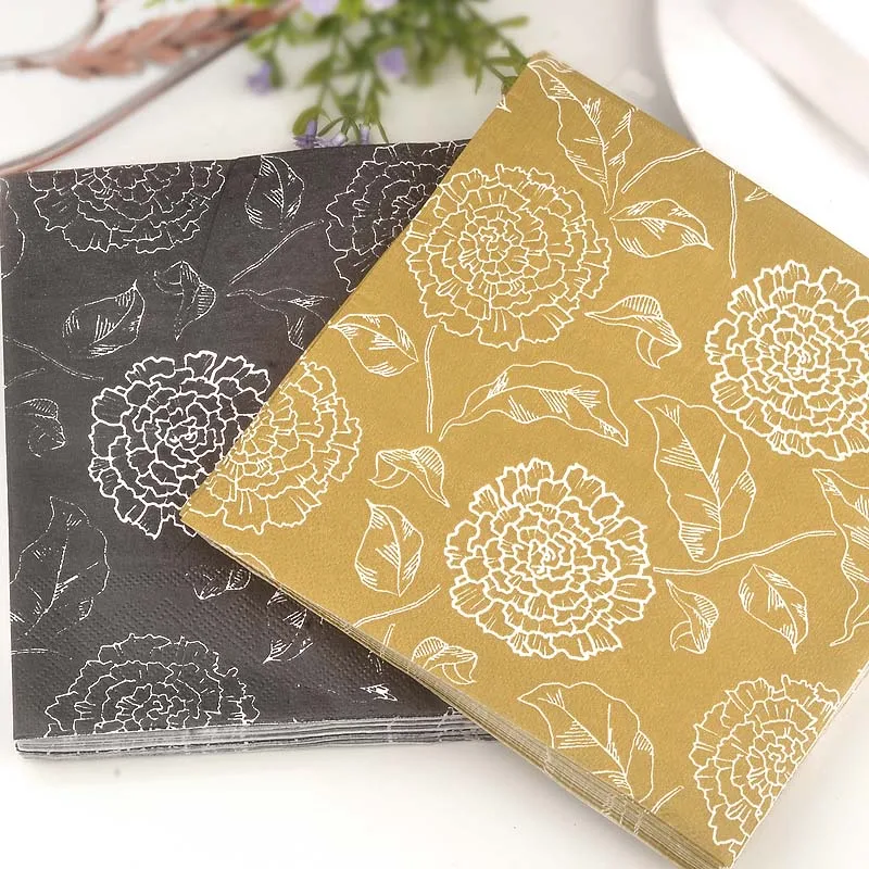 

Decor table napkins paper tissue black golden decoupage wedding party printed white flower birthday baby serviettes vintage towe