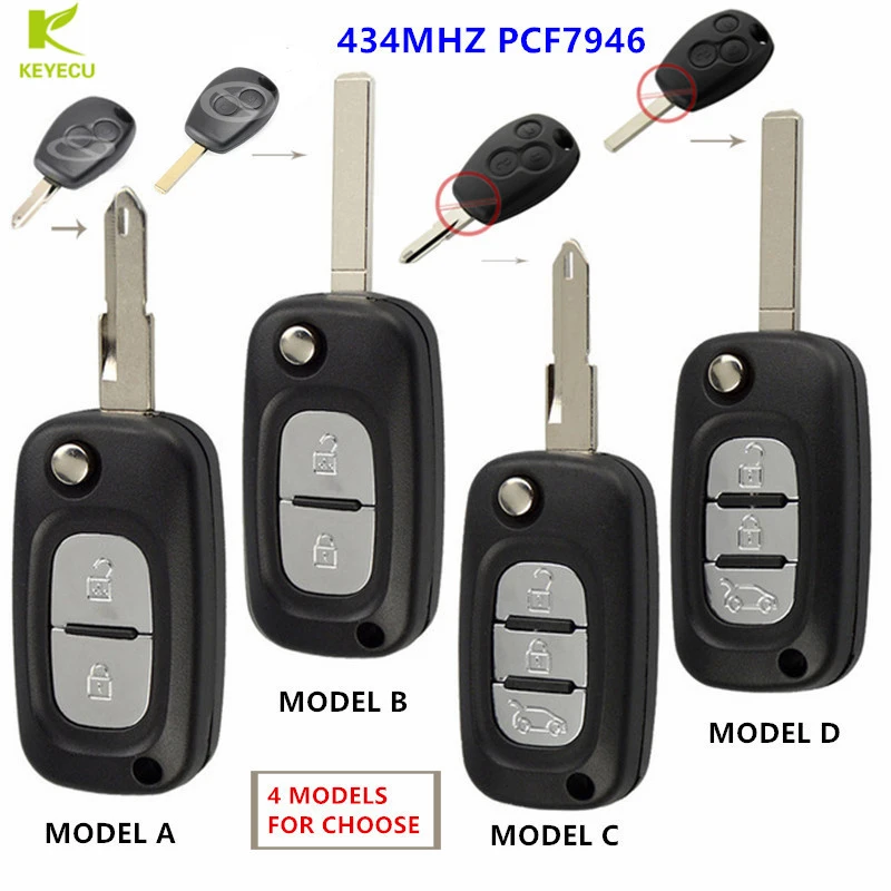 

KEYECU Replacement Modified Flip Remote Car Key 433MHz PCF7946 For Renault Kangoo Clio III Modus Trafic Master Duster