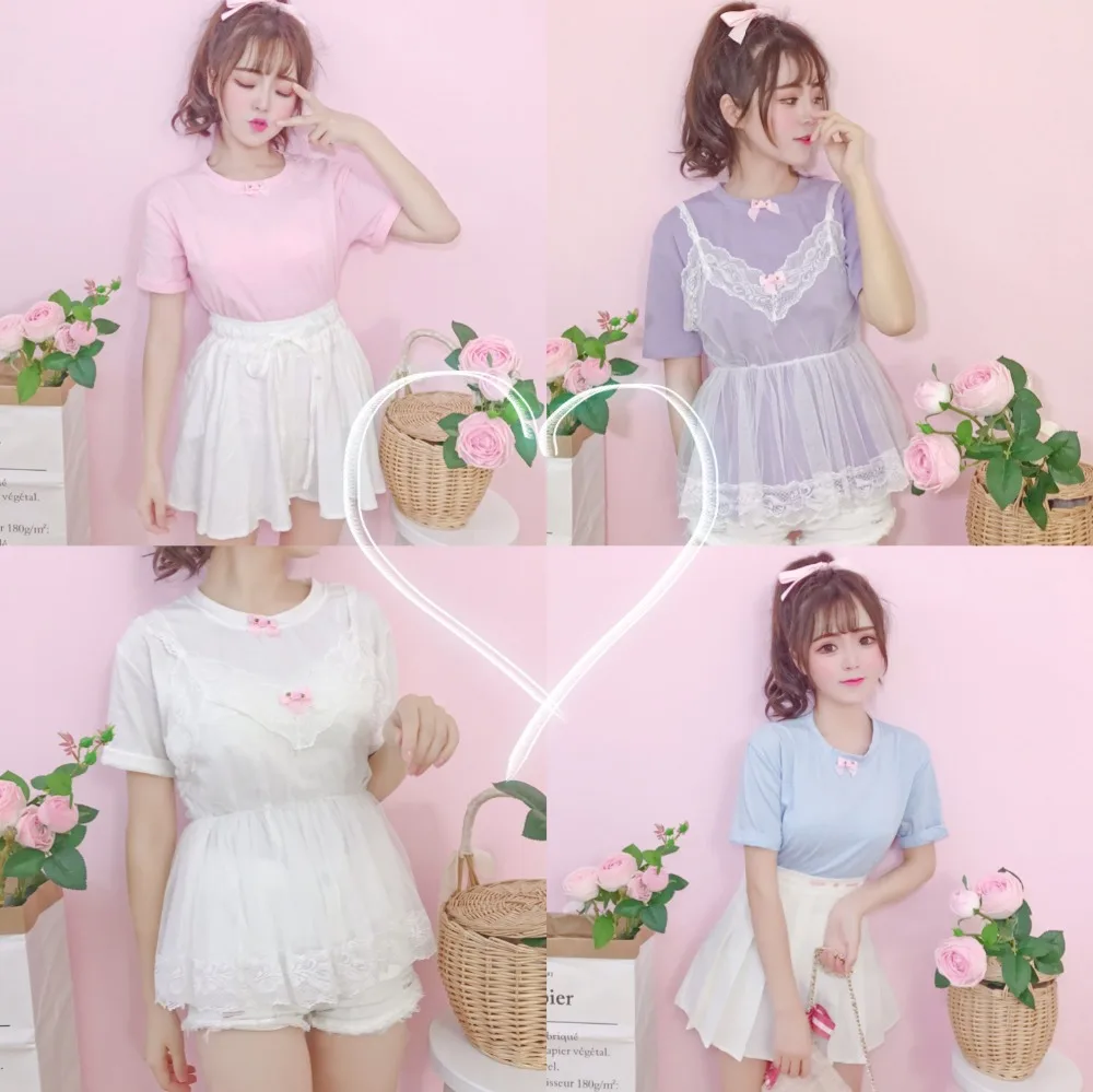 

Princess sweet lolita T-shirt Summer casual Pure color girl round collar leisure students basic style T-shirt women XH095