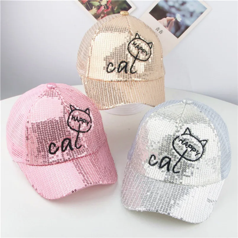 New fashion design Cute Kids Baby Children Cartoon Cat Student Paillette Hat Baseball Cap Sunhat (10)