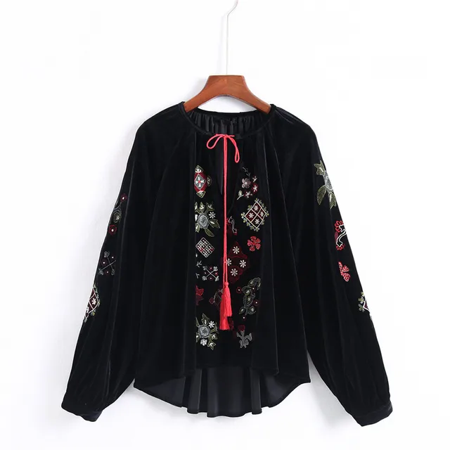 Ethnic velvet embroidered blouse vintage winter women blouses tops with Ethnic velvet embroidered blouse vintage winter women blouses tops with